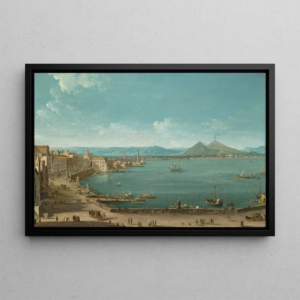 Naples with the Bay of Santa Lucia and Mount Vesuvius in the distance - Antonio Joli — framed artwork on a wall