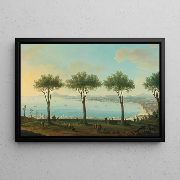 View of the Bay of Naples from the south, possibly Poggioreale, looking north with a member of the Bourbon family, possibly Ferdinand IV, in the foreground - Antonio Joli — framed artwork on a wall