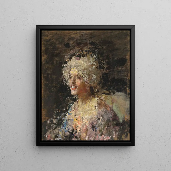 Woman in 18th-century costume - Antonio Mancini — framed artwork on a wall