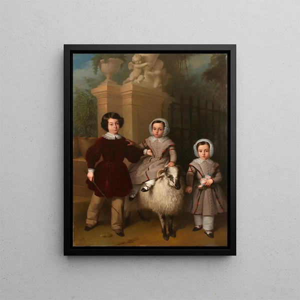 Children playing with a ram - Antonio María Esquivel — framed artwork on a wall