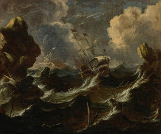 Frégates dans une tempête au large d'une côte rocheuse - Antonio Marini — artwork view
