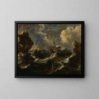 Frégates dans une tempête au large d'une côte rocheuse - Antonio Marini — framed artwork on a wall