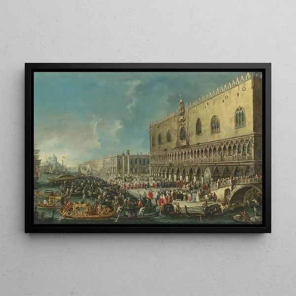 Le Molo Venice looking west with the reception of the apostolic nuncio Carlo Gaetano Stampa 1667-1742 later cardinal-archbishop of Milan at the Doge's Palace on July 15, 1721 - Antonio Stom — framed artwork on a wall