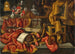 a painting featuring a clock, a vase of flowers, a lute, a guitar, a sheet of music, a chair, and curtains - Antonio Tibaldi — artwork view