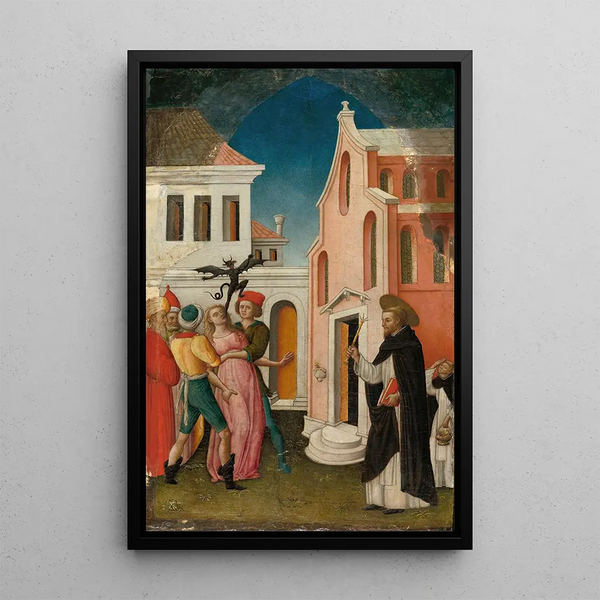Saint Pierre Martyr exorcising a woman possessed by a demon - Antonio Vivarini — framed artwork on a wall