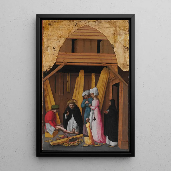 Saint Peter Martyr healing a young man's leg - Antonio Vivarini — framed artwork on a wall