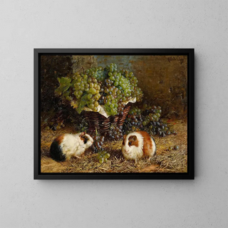 Guinea Pigs and a Basket of Grapes - Antonio delle Vedove — framed artwork on a wall