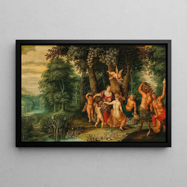 A Bacchanal with Ceres and Satyrs - School of Antwerp — framed artwork on a wall