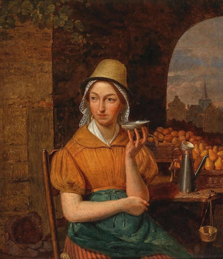 a fruit seller with a city in the background - Antwerp School — artwork view