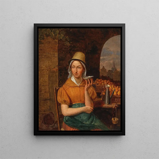 a fruit seller with a city in the background - Antwerp School — framed artwork on a wall