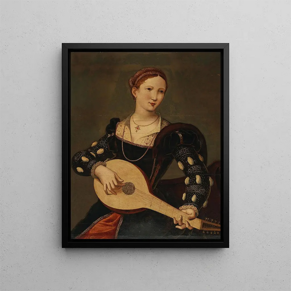 a young woman playing the lute - Antwerp School — framed artwork on a wall