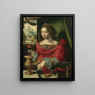 La Madeleine assise à une table près d'une fenêtre ouvrant une urne incrustée d'or - École d'Anvers — framed artwork on a wall