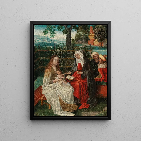 The Virgin and Child with Saint Anne in a walled garden with Joachim and Joseph beyond - Antwerp School — framed artwork on a wall