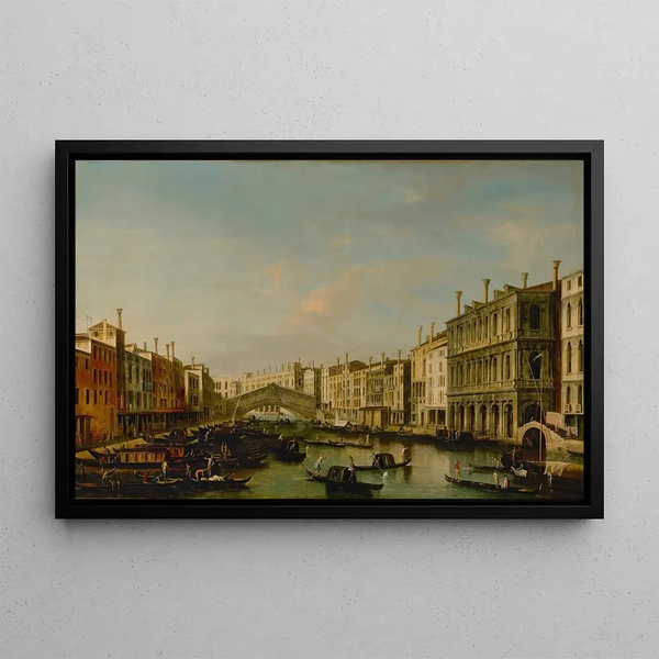 Venice painting, view of the Grand Canal towards the Rialto Bridge - Apollonio Facchinetti — framed artwork on a wall