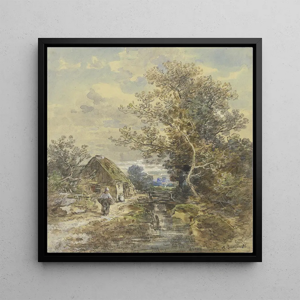 Tree and peasant house by the stream with a woman - Anton Burger — framed artwork on a wall