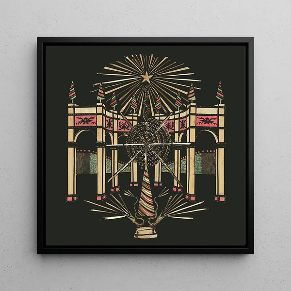 Arcade painting with snakes and fireworks - Anonymous — framed artwork on a wall
