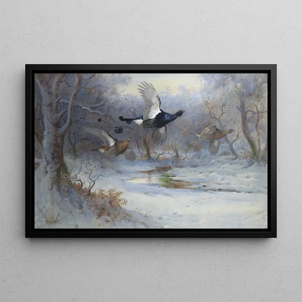 Great Grouse and Hazel Grouse in flight in winter - Archibald Thorburn — framed artwork on a wall