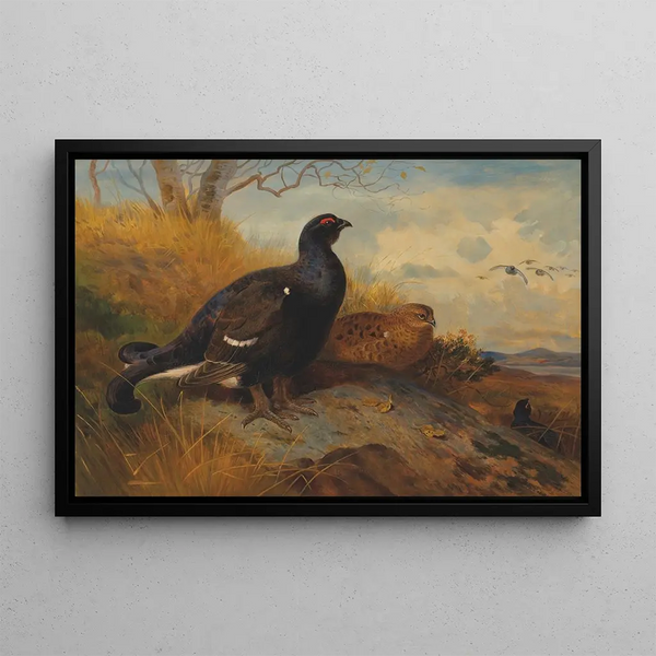 Gélinotte sur un éperon rocheux avec un loch au-delà - Archibald Thorburn — framed artwork on a wall