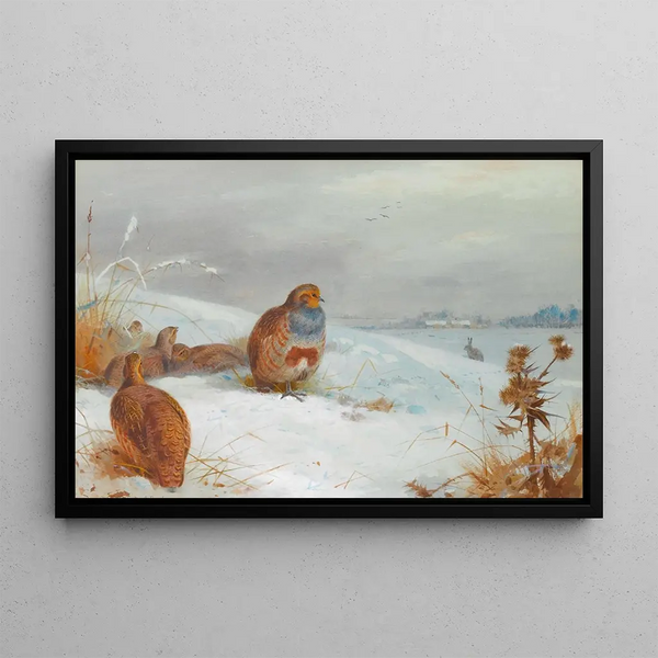Difficult times, partridge and a hare - Archibald Thorburn — framed artwork on a wall
