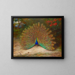 Peacock and peacock butterfly - Archibald Thorburn — framed artwork on a wall