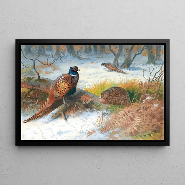 Pheasants in the Snow - Archibald Thorburn — framed artwork on a wall