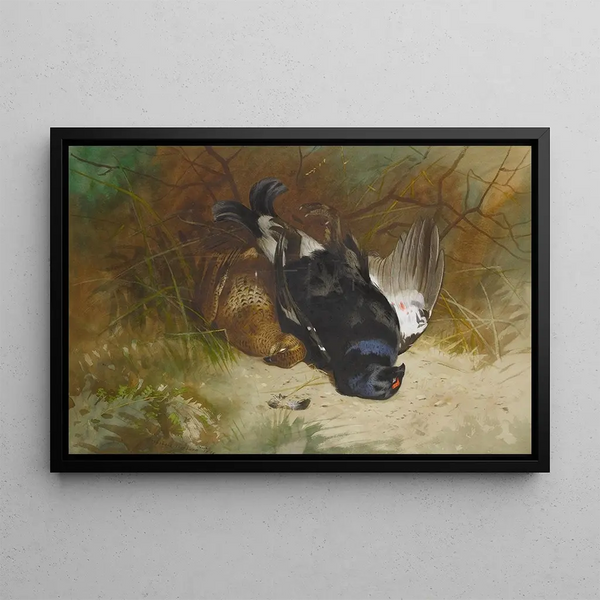 a still life of a pair of capercaillies - Archibald Thorburn — framed artwork on a wall