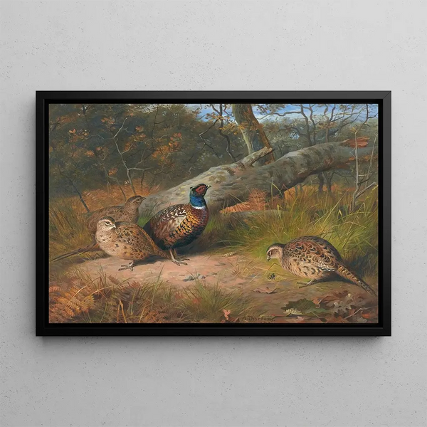 The Fallen Beech Tree, a Rooster, and Three Pheasants with a Wasp - Archibald Thorburn — framed artwork on a wall