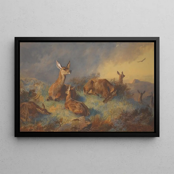 Les biches vigilantes - Archibald Thorburn — framed artwork on a wall