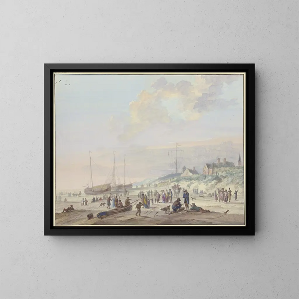 a Beach with three fishing boats pulled ashore, many people having fun, on the right a village on the Dniestr - Arie Lamme — framed artwork on a wall