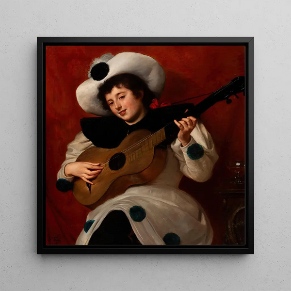 Harlequin with a guitar - Giacinto Tesio — framed artwork on a wall