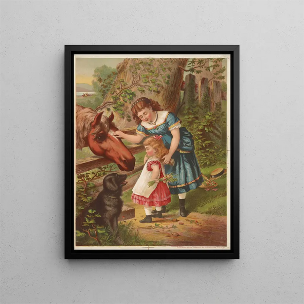Two young girls with a horse and a dog - Armstrong & Co. Lith. — framed artwork on a wall
