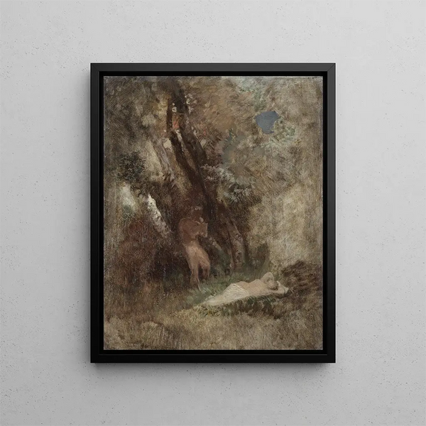 Faune et nymphe dans les bois - Arnold Böcklin — framed artwork on a wall