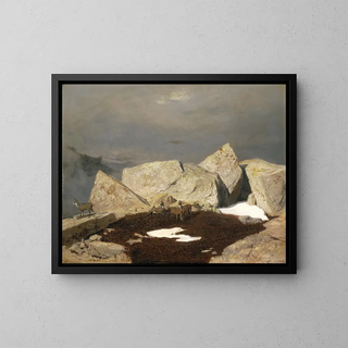 Mountain landscape painting with chamois - Arnold Böcklin — framed artwork on a wall