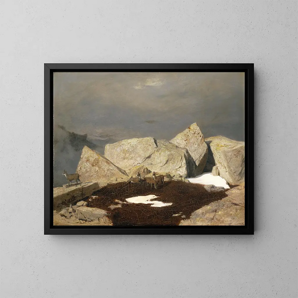 Mountain landscape painting with chamois - Arnold Böcklin — framed artwork on a wall