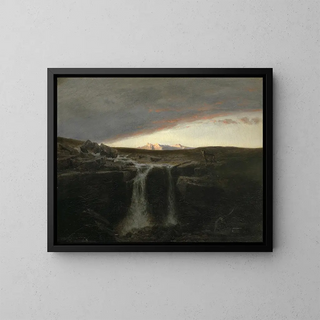 Mountain landscape painting with waterfall - Arnold Böcklin — framed artwork on a wall