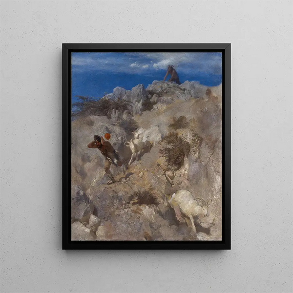 a Pan frightened, a terrified and panicked shepherd - Arnold Böcklin — framed artwork on a wall
