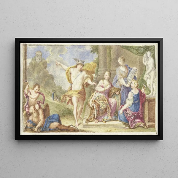 Mercury shows artists the way to a sanctuary located on a steep hill - Arnold Houbraken — framed artwork on a wall
