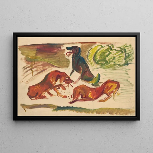 Dogs in a landscape - Arnold Peter Weisz-Kubínčan — framed artwork on a wall