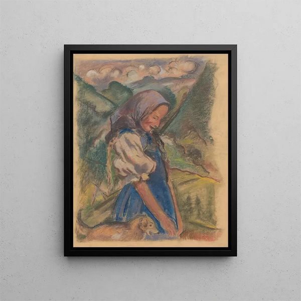Girl with a dog in a landscape - Arnold Peter Weisz-Kubínčan — framed artwork on a wall