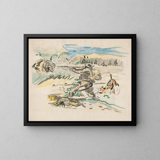 Hunting Scene Painting in Action - Arnold Peter Weisz-Kubínčan — framed artwork on a wall