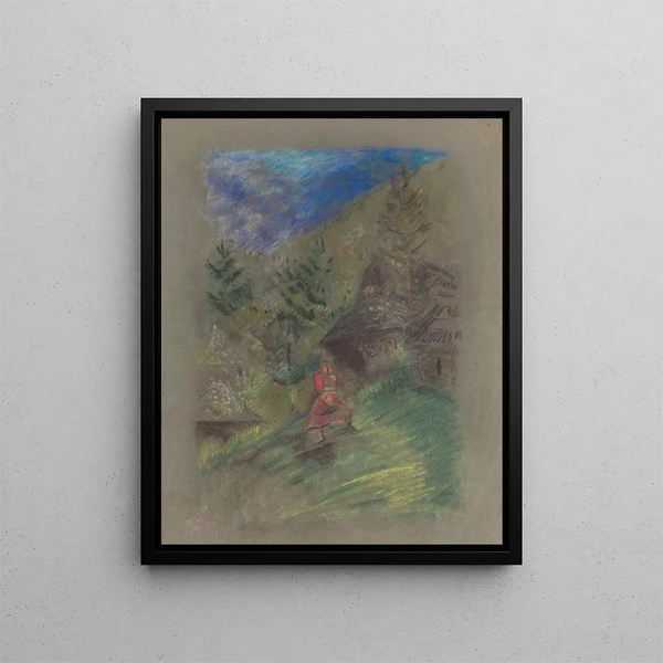 Woman with a Child in Front of Chalets - Arnold Peter Weisz-Kubínčan — framed artwork on a wall