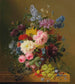 Peonies Tulips Roses Iris and other flowers with fruits and a bird's nest on a marble ledge - Arnoldus Bloemers — artwork view