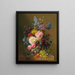 Peonies Tulips Roses Iris and other flowers with fruits and a bird's nest on a marble ledge - Arnoldus Bloemers — framed artwork on a wall