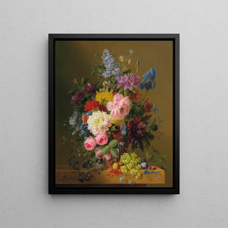 Peonies Tulips Roses Iris and other flowers with fruits and a bird's nest on a marble ledge - Arnoldus Bloemers — framed artwork on a wall