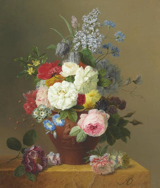 Roses, poppies, cornflowers, convulsions, jasmine, fritillaries, a primrose, a peony, and a lilac in a terracotta vase with a sprig of roses and other flowers on a stone ledge - Arnoldus Bloemers — artwork view