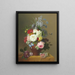 Roses, poppies, cornflowers, convulsions, jasmine, fritillaries, a primrose, a peony, and a lilac in a terracotta vase with a sprig of roses and other flowers on a stone ledge - Arnoldus Bloemers — framed artwork on a wall