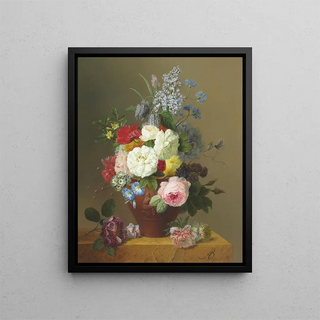 Roses, poppies, cornflowers, convulsions, jasmine, fritillaries, a primrose, a peony, and a lilac in a terracotta vase with a sprig of roses and other flowers on a stone ledge - Arnoldus Bloemers — framed artwork on a wall