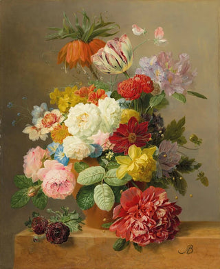 Nature morte with roses, peonies, tulips, daffodils, convolvulus, and others in a vase on a marble ledge - Arnoldus Bloemers — artwork view