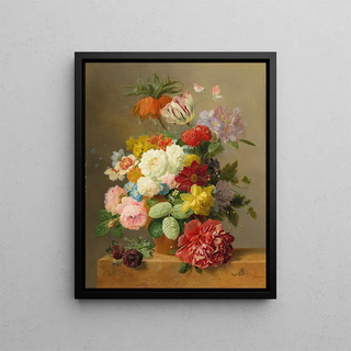 Nature morte with roses, peonies, tulips, daffodils, convolvulus, and others in a vase on a marble ledge - Arnoldus Bloemers — framed artwork on a wall