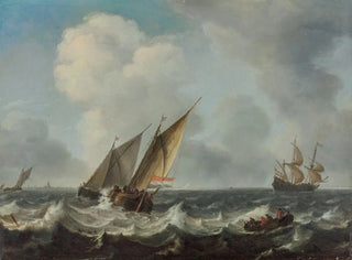 Two small ships and a rowboat on choppy waters, a warship and other sailboats beyond a city on the horizon - Arnoldus van Anthonissen — artwork view